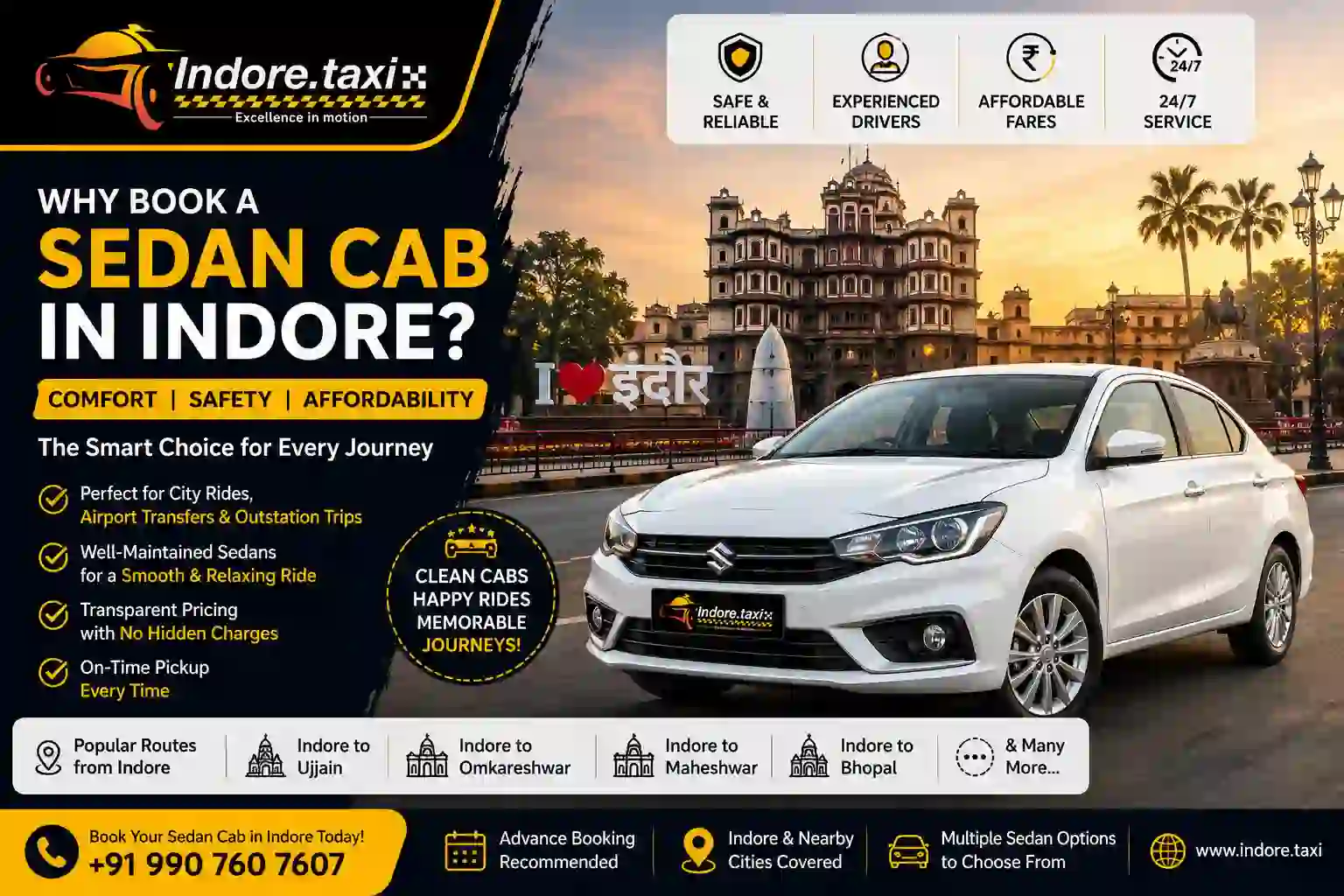 Sedan cab in Indore parked near Rajwada Palace offering comfortable airport transfers, local taxi service, and outstation travel.