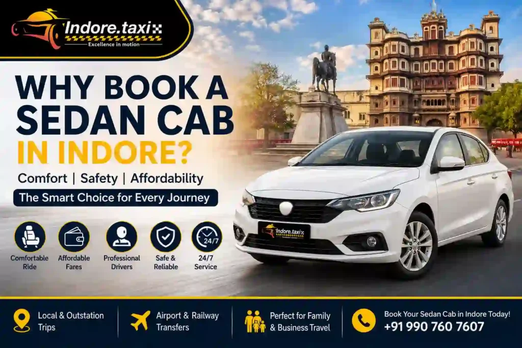 Sedan cab in Indore parked near Rajwada Palace offering comfortable airport transfers, local taxi service, and outstation travel.